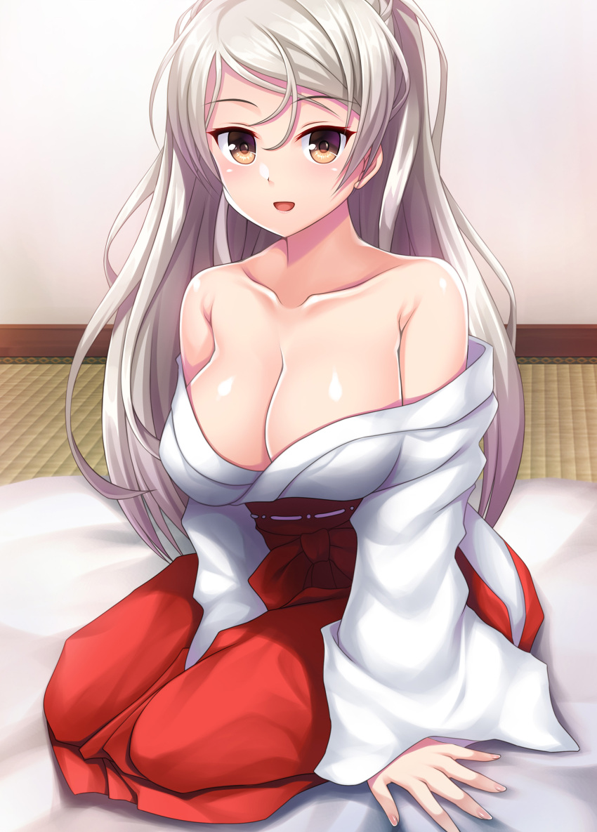 1girl absurdres breasts brown_eyes collarbone conte_di_cavour_(kancolle) hakama highres indoors japanese_clothes kantai_collection kimono large_breasts long_hair miko off_shoulder official_alternate_costume red_hakama ruin_re_birth silver_hair sitting solo two_side_up white_kimono wide_sleeves