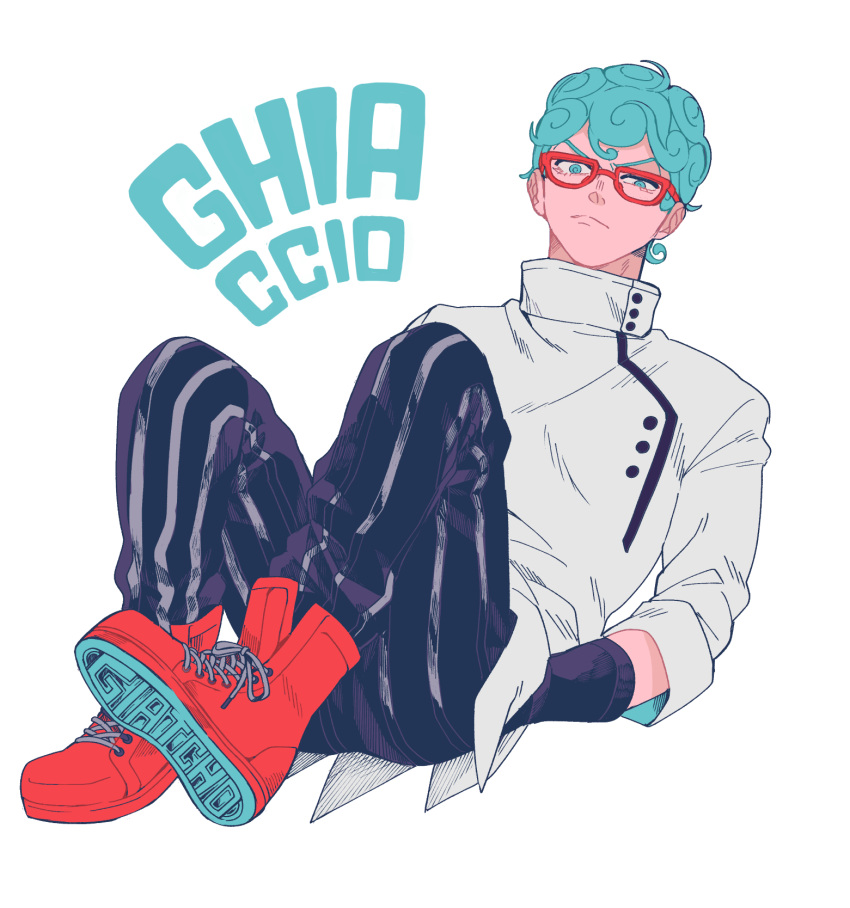 1boy blue_hair curly_hair ghiaccio glasses hands_in_pockets highres jojo_no_kimyou_na_bouken pants red-framed_eyewear red_footwear setsunano shoes sneakers solo striped striped_pants vento_aureo vertical-striped_pants vertical_stripes