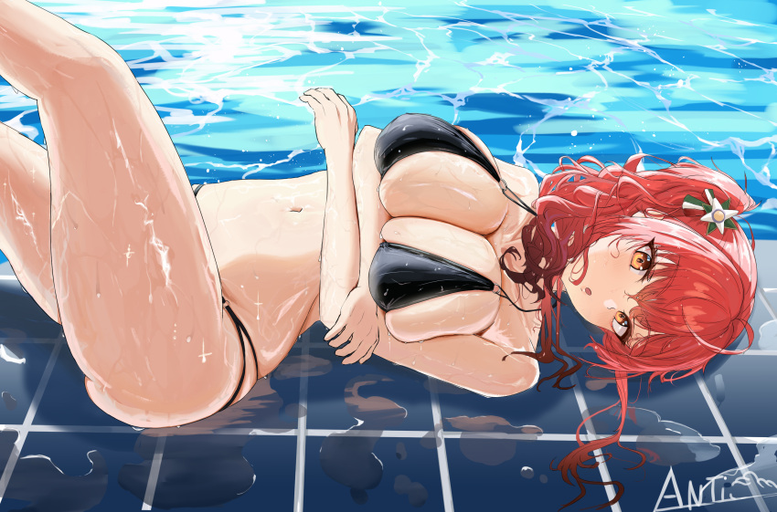 1girl arms_under_breasts azur_lane bangs bikini black_bikini breasts cleavage departure18 from_side highres knee_up long_hair looking_at_viewer looking_to_the_side lying navel on_back open_mouth orange_eyes pool poolside red_hair shiny shiny_skin side_ponytail skindentation solo swimsuit thighs water wet wet_clothes wet_hair wet_swimsuit zara_(azur_lane) zara_(poolside_coincidence)_(azur_lane)