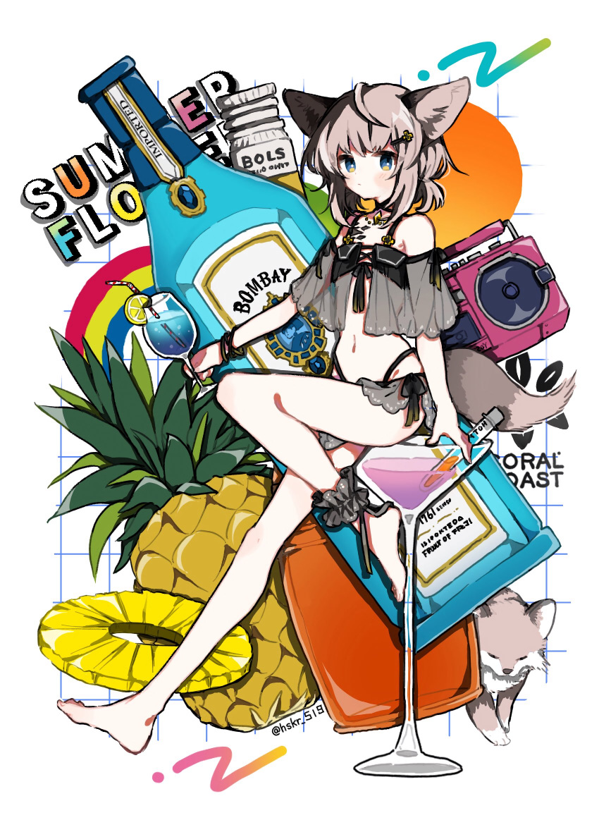 1girl animal_ears ankle_strap arknights artist_name bare_legs bare_shoulders barefoot bikini black_bikini blue_eyes blush bottle bracelet brown_hair closed_mouth collarbone cup drink drinking_glass drinking_straw food fox fox_ears fox_girl fox_tail from_side fruit hair_ornament hairclip highres holding holding_cup hskr_519 jewelry knee_up lemon lemon_slice looking_at_viewer looking_to_the_side navel necklace official_alternate_costume oripathy_lesion_(arknights) pineapple radio see-through short_hair sitting solo sussurro_(arknights) sussurro_(summer_flowers)_(arknights) swimsuit tail twitter_username