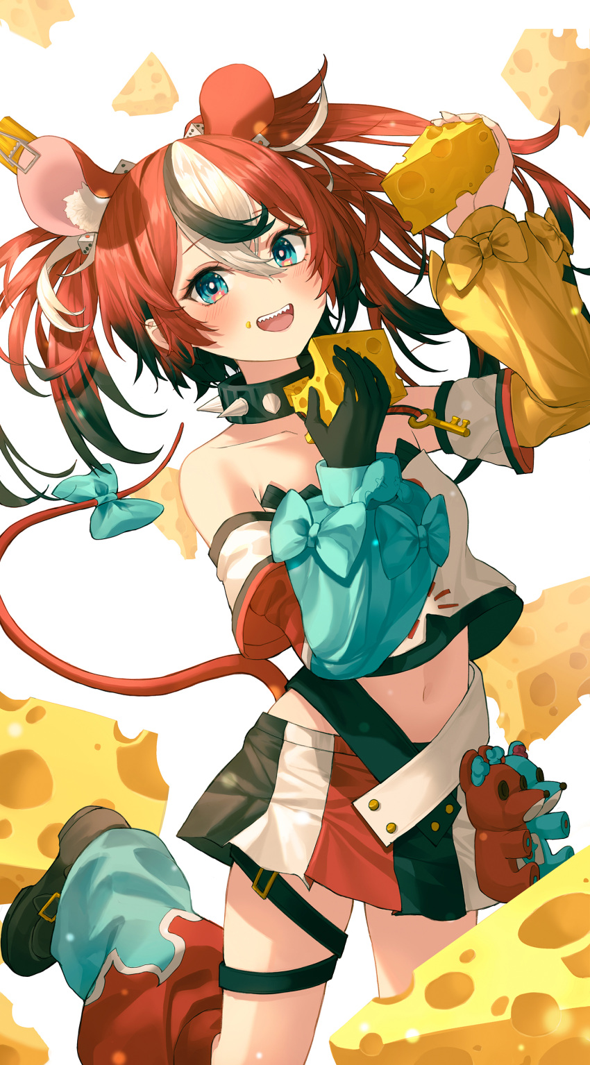 1girl absurdres animal_ears bangs black_footwear black_gloves black_hair blue_bow blue_eyes blush boots bow cheese collarbone detached_sleeves food gloves hakos_baelz highres holding holding_food hololive hololive_english mouse_ears mouse_girl multicolored_hair navel red_hair sharp_teeth shirt smile solo tail tail_bow tail_ornament teeth tem thigh_strap tube_socks virtual_youtuber white_hair white_shirt