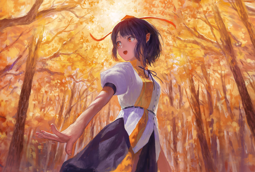 1girl :d autumn backlighting black_hair black_ribbon black_skirt fjsmu forest from_below hat highres leaf-pattern_stripe looking_to_the_side nature neck_ribbon open_mouth orange_eyes outdoors outstretched_hand pointy_ears puffy_short_sleeves puffy_sleeves ribbon shameimaru_aya shirt short_hair short_sleeves skirt smile solo tokin_hat touhou white_shirt