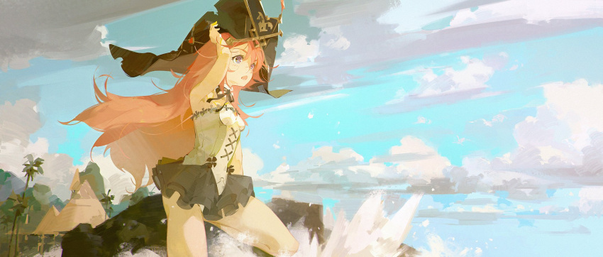 1girl a-shacho bangs black_headwear black_ribbon blue_eyes blue_sky breasts chinese_commentary cloud coconut_tree commentary frilled_swimsuit frills hand_on_headwear hand_up hat highres long_hair looking_away masterwork_apocalypse official_art open_mouth palm_tree pirate_hat red_hair ribbon rock silver_(masterwork_apocalypse) sky small_breasts solo strapless strapless_swimsuit swimsuit tree very_long_hair water white_swimsuit