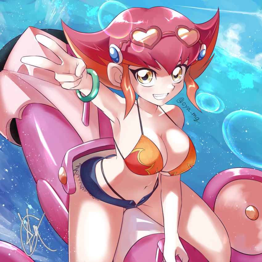 1girl artist_name bikini bikini_under_clothes blue_shorts blush bracelet breasts chaya_mago cleavage eyewear_on_head heart heart-shaped_eyewear highres jewelry kouzuki_anna looking_at_viewer medium_breasts multicolored_hair navel orange_bikini orange_hair parted_lips red_hair shorts smile solo swimsuit two-tone_hair v yellow_eyes yu-gi-oh! yu-gi-oh!_zexal