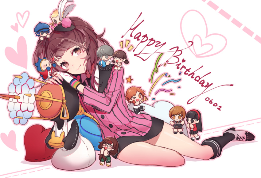 amagi_yukiko brown_eyes brown_hair chibi confetti doujima_nanako hanamura_yousuke happy_birthday himiko_(persona_4) huan_li kneehighs kujikawa_rise kuma_(persona_4) long_hair miniskirt narukami_yuu party persona persona_4 satonaka_chie school_uniform shirogane_naoto skirt tatsumi_kanji twintails