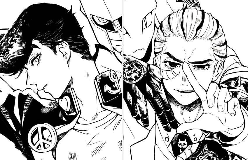 4boys anchor diamond_wa_kudakenai finger_frame gakuran greyscale hair_slicked_back hand_on_another's_shoulder higashikata_josuke highres jojo_no_kimyou_na_bouken kawajiri_kosaku killer_queen kira_yoshikage male_focus monochrome multiple_boys peace_symbol pompadour school_uniform setsunano stand_(jojo)