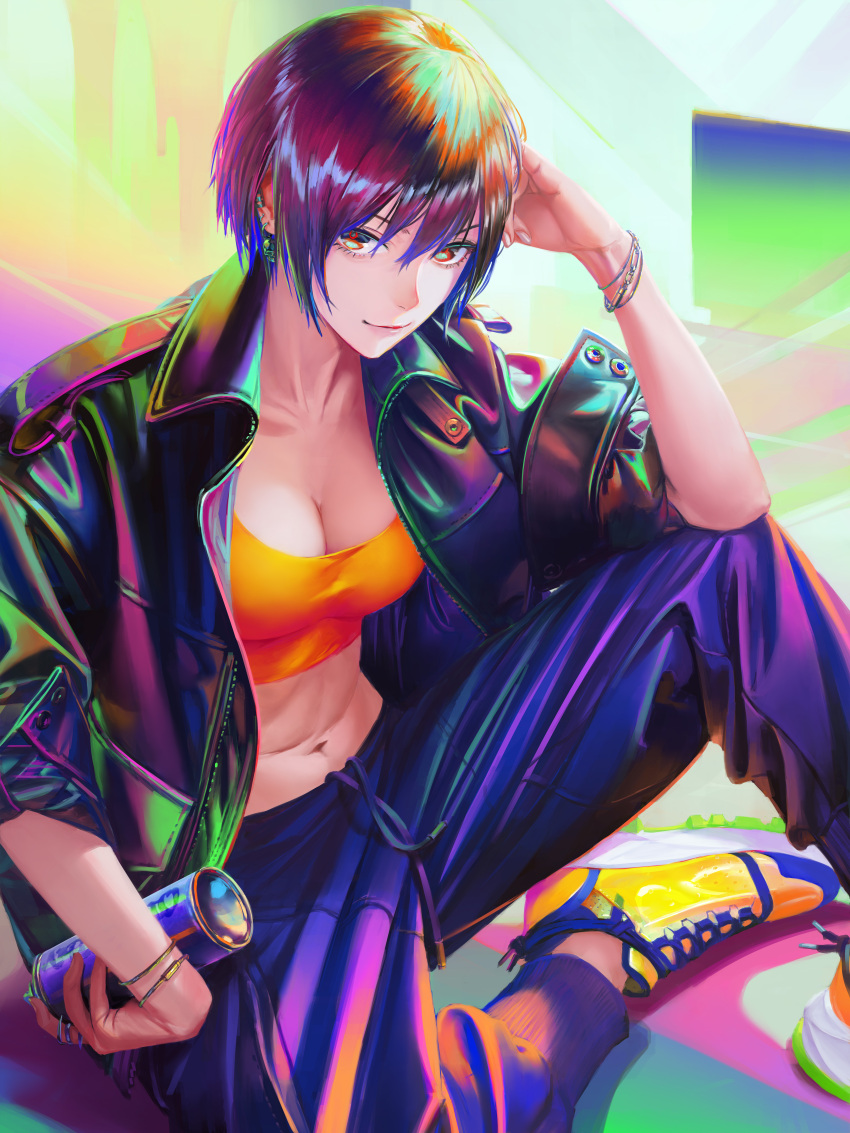 1girl absurdres bangs black_jacket black_pants bracelet breasts brown_eyes brown_hair can cleavage closed_mouth collarbone crop_top ear_piercing english_commentary eyebrows_behind_hair hair_between_eyes hand_up highres holding holding_can jacket jewelry leather leather_jacket looking_at_viewer medium_breasts midriff nababa navel open_clothes open_jacket orange_tank_top original pants piercing shadow shoes short_hair sidelocks sitting sleeves_rolled_up smile sneakers solo spray_can tank_top track_pants yellow_footwear
