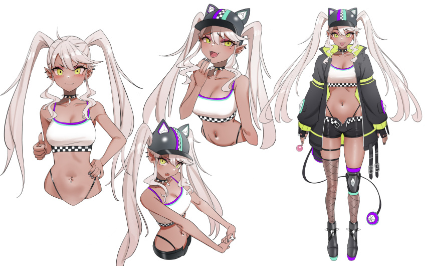 1girl animal_hat asymmetrical_legwear bangs boots breasts buckle candy cat_hat character_request character_sheet checkered checkered_clothes collar commission copyright_request crop_top ear_piercing expressions eyebrows_visible_through_hair fishnet_legwear fishnets food full_body garters green_eyes hat highleg highleg_panties highres holding holding_candy holding_food jacket kiritzugu knee_pads leg_garter lollipop long_hair looking_at_viewer medium_breasts mismatched_legwear multicolored_clothes multicolored_jacket multiple_views navel navel_piercing open_clothes open_mouth open_shorts outstretched_arms panties panty_straps piercing platinum_blonde_hair pointy_ears shorts sidelocks simple_background single_knee_pad smug spaghetti_strap spiked_boots spiked_collar spiked_footwear spikes standing stomach stretch tail thighhighs thumbs_up tongue tongue_out tongue_piercing twintails underwear white_background