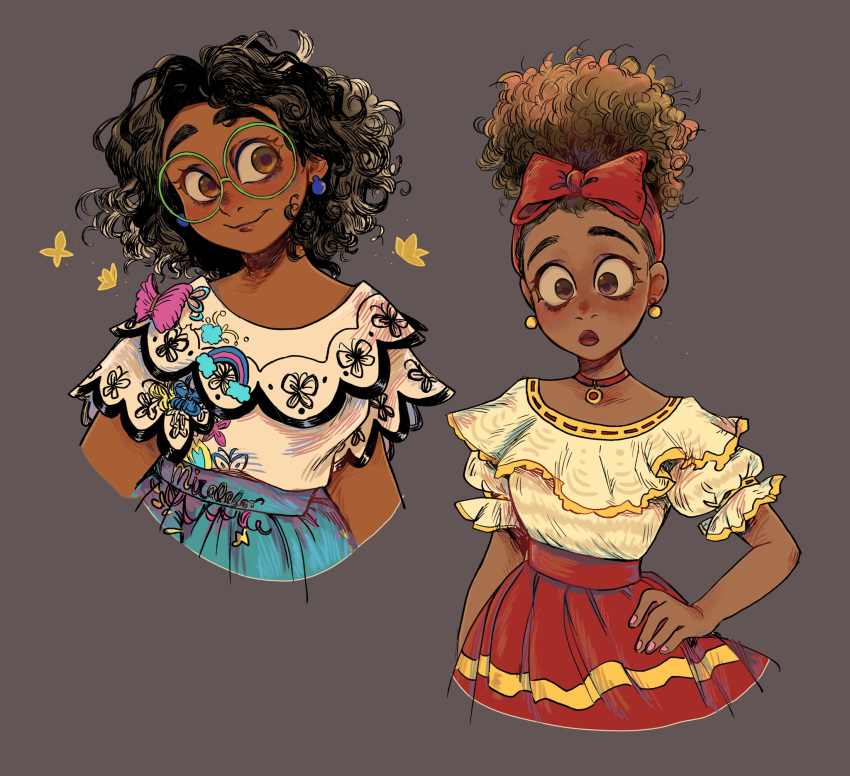 2girls bug butterfly curly_hair dark-skinned_female dark_skin dolores_madrigal earrings embroidery encanto frilled_sleeves frills glasses grey_background highres jewelry kuropin mirabel_madrigal multiple_girls round_eyewear simple_background thick_eyebrows yellow_butterfly