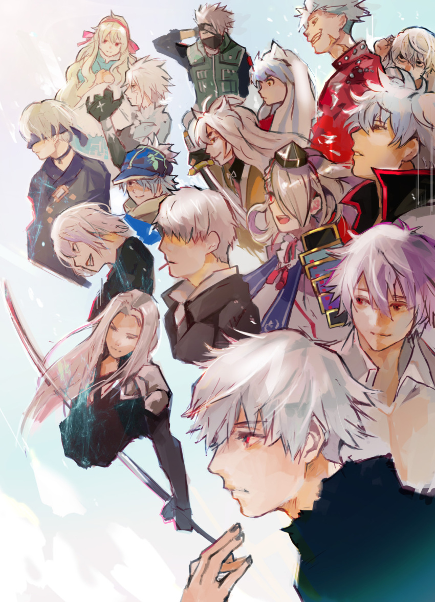 6+boys :d animal_ears bangs black_blindfold black_nails black_shirt blindfold blonde_hair character_request copyright_request cropped_torso final_fantasy final_fantasy_vii from_side gintama green_vest grey_background grey_hair grin hair_between_eyes hair_over_one_eye hand_up hatake_kakashi highres holding holding_sword holding_weapon inuyasha inuyasha_(character) jacket kaneki_ken katana kyuuba_melo long_hair male_focus multiple_boys nail_polish naruto_(series) nier_(series) nier_automata parted_lips pink_jacket red_jacket sakata_gintoki scar shiny shiny_hair shirt short_hair simple_background smile sword teeth tokyo_ghoul upper_teeth vest weapon yorha_no._9_type_s