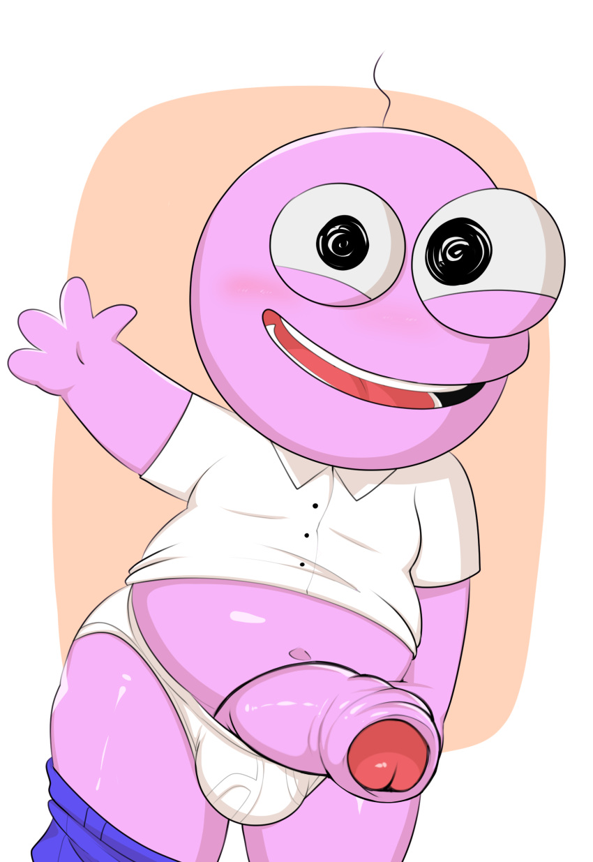 absurd_res bottomwear bottomwear_down bulge clothed clothing foreskin genitals gesture hi_res humanoid humanoid_genitalia humanoid_penis jerseydevil male pants pants_down partially_clothed penis pim_(smiling_friends) pink_body pink_skin shirt smile smiling_friends solo topwear underwear waving