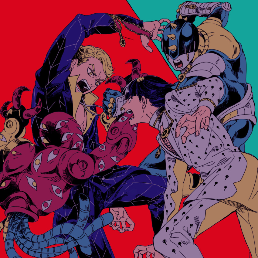 4boys arrow_print blonde_hair bob_cut bruno_buccellati fighting formal hair_ornament hairclip highres jewelry jojo_no_kimyou_na_bouken male_focus multiple_boys necklace prosciutto setsunano stand_(jojo) sticky_fingers_(stand) suit tentacles the_grateful_dead_(stand) vento_aureo yellow_eyes