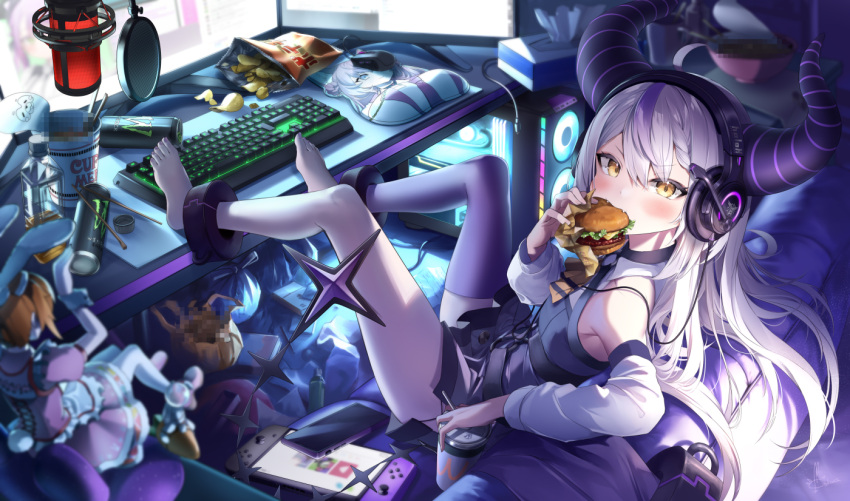 1girl ahoge animal_ears ankle_cuffs bag bangs barefoot black_dress bottle bowl breast_mousepad burger can cellphone censored censored_food character_doll chips chopsticks commentary_request computer copyright_request couch cup_ramen demon_horns desk detached_leggings detached_sleeves dress eating eyebrows_visible_through_hair fangs feet_on_table food food_in_mouth full_body hakui_koyori headset holding holding_can holding_food hololive horns keyboard_(computer) kito_koruta la+_darknesss long_hair long_sleeves looking_at_viewer looking_to_the_side microphone monitor monster_energy mouse_ears multicolored_hair multiple_monitors nail_polish nintendo_switch on_couch phone purple_hair purple_legwear signature silver_hair sleeveless sleeveless_dress smartphone solo streaked_hair tail tissue_box toenail_polish toenails v-shaped_eyebrows virtual_youtuber yellow_eyes