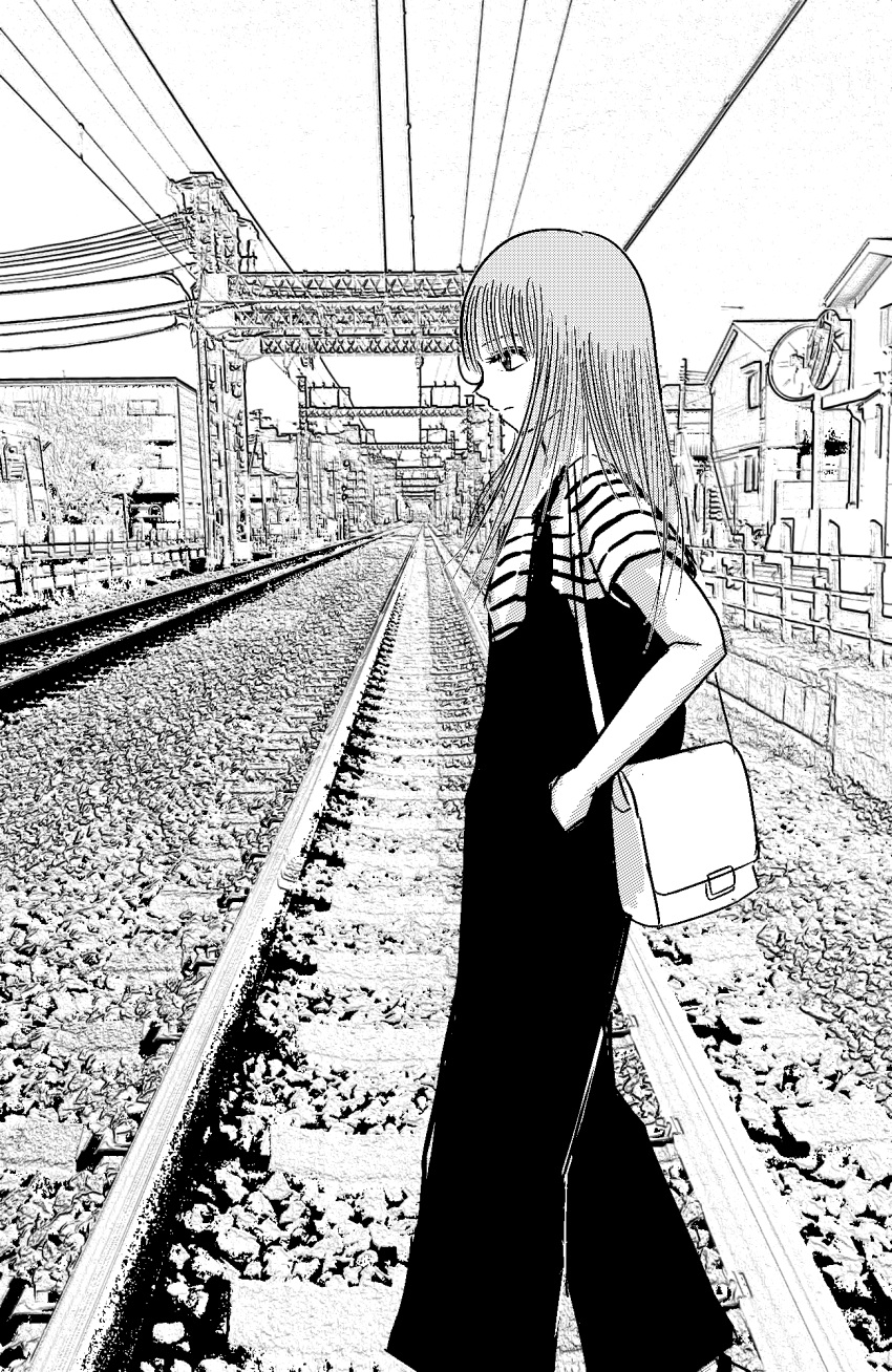 1boy amazon69 bag black_overalls greyscale highres long_hair monochrome oozora_hibari otoko_no_ko outdoors overalls profile railroad_tracks shirt short_sleeves shoulder_bag solo stop!!_hibari-kun! striped striped_shirt vanishing_point walking white_bag