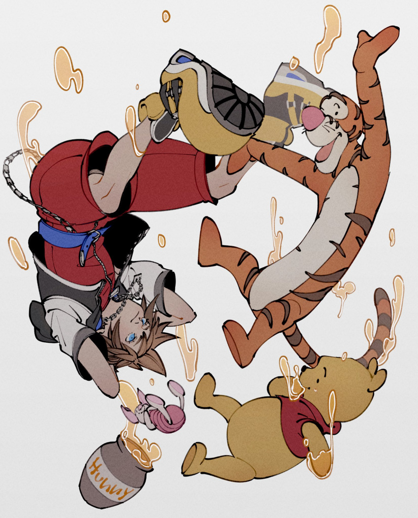 1boy arms_behind_head arms_up belt blue_belt blue_eyes brown_hair falling highres honey honeypot hood hooded_jacket jacket jewelry kingdom_hearts light_smile male_focus necklace oimo_(oimkimn) outstretched_arms piglet_(winnie_the_pooh) pooh short_hair short_sleeves simple_background sora_(kingdom_hearts) spiked_hair tigger upside-down winnie_the_pooh yellow_footwear