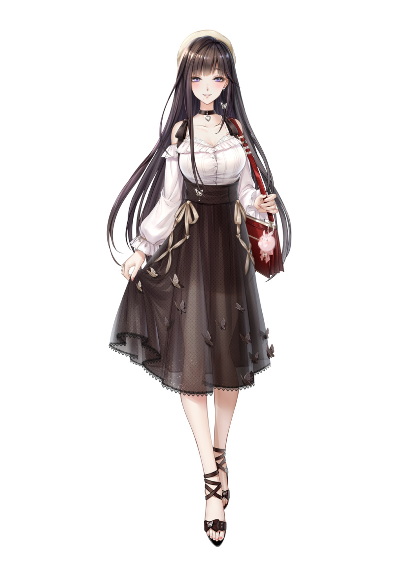 1girl artist_request beret black_choker black_hair black_skirt blush breasts butterfly_earrings chinese_commentary choker cleavage collarbone earrings eyebrows_visible_through_hair frilled_shirt frills grey_shirt half-closed_eyes hat highres jewelry large_breasts long_hair looking_at_viewer nijisanji off-shoulder_shirt off_shoulder official_art parted_lips purple_eyes ruruna_(vtuber) ruruna_official shirt single_earring skirt smile solo transparent_background very_long_hair virtual_youtuber virtuareal yellow_headwear