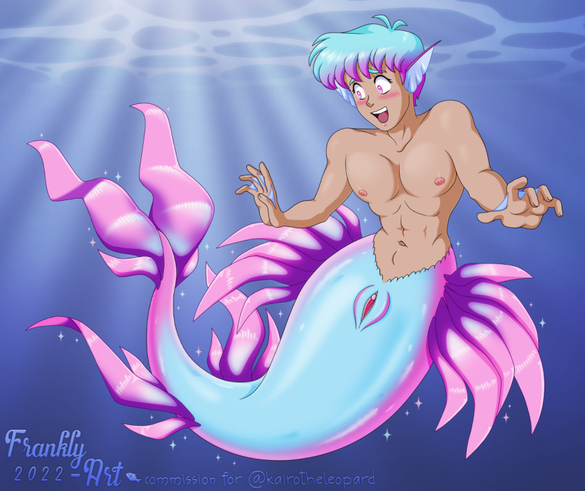 after_transformation andromorph animal_humanoid blush clitoris cyan ear_fins fin frankly-art genitals girly hair humanoid intersex male marine marine_humanoid marine_taur membrane_(anatomy) merfolk navel nipples pecs pink pussy smile solo sparkles split_form taur transformation under_sea water webbed_hands