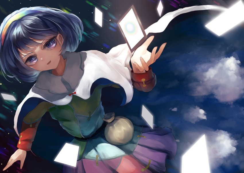 1girl absurdres blue_eyes blue_hair cape card cloak cloud_print dress highres multicolored_clothes multicolored_dress multicolored_hairband nanaironokabi open_mouth patchwork_clothes purple_footwear rainbow_gradient short_hair sky sky_print tenkyuu_chimata touhou two-sided_cape two-sided_fabric white_cape white_cloak yellow_bag zipper