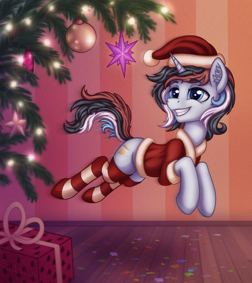 christmas clothing costume decoration eltaile equid equine fan_character hasbro hi_res holidays horn horse jumping male mammal my_little_pony plant pony safe_(disambiguation) santa_costume solo spryciarz tree unicorn ych_(character)