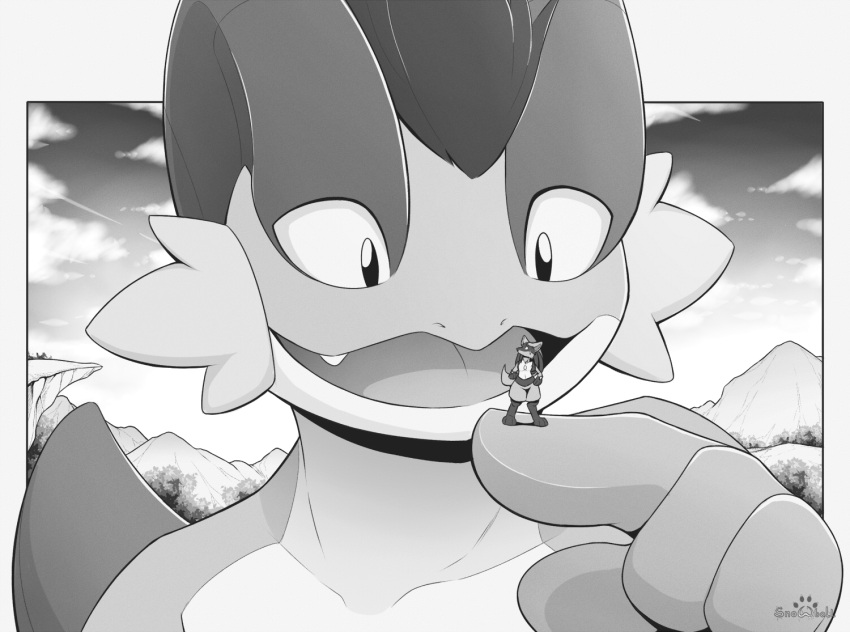 ambiguous_gender anthro arm_spikes bodily_fluids chest_spike cliffs cloud duo fangs fin fur greyscale head_fin larger_anthro looking_back looking_down lucario macro micro monochrome nintendo nude open_mouth outside pok&eacute;mon pok&eacute;mon_(species) s2-freak size_difference sky smaller_anthro smile spikes spikes_(anatomy) swampert sweat sweatdrop video_games watermark