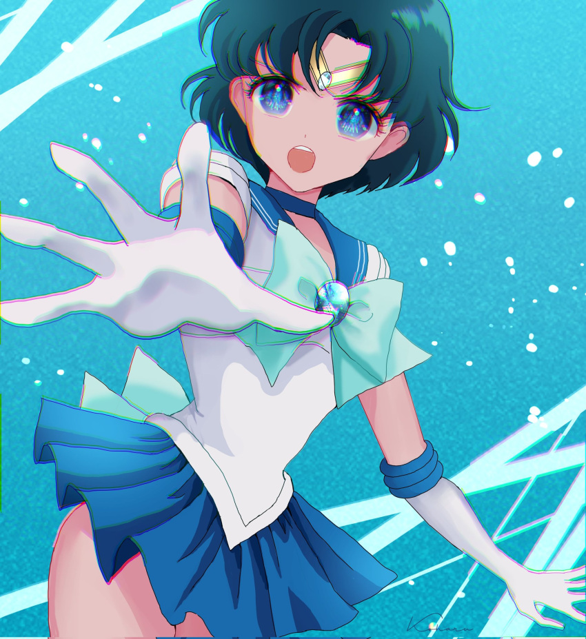 bishoujo_senshi_sailor_moon blue_background blue_bow blue_choker blue_eyes blue_hair blue_sailor_collar blue_skirt bow bubble choker chromatic_aberration elbow_gloves gloves highres inner_senshi koharumichi mizuno_ami sailor_collar sailor_mercury sailor_senshi_uniform short_hair skirt tiara