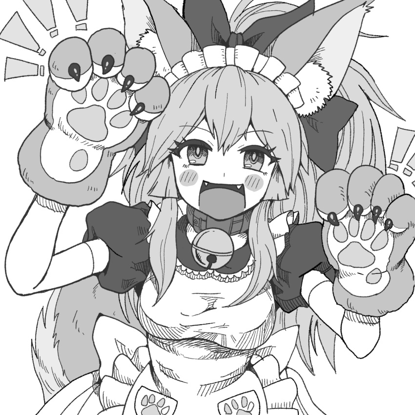 1girl animal_ear_fluff animal_ears animal_hands apron bangs bell blush bow breasts cat_paws claws collar commentary commentary_request eyebrows_visible_through_hair fangs fate/grand_order fate_(series) fox_ears fox_girl fox_tail frills greyscale hair_bow highres jingle_bell kusama_takato large_breasts long_hair looking_at_viewer maid_apron maid_headdress monochrome neck_bell notice_lines open_mouth paw_pose paw_print ponytail short_sleeves sidelocks simple_background smile solo tail tamamo_(fate) tamamo_cat_(fate) tongue upper_body