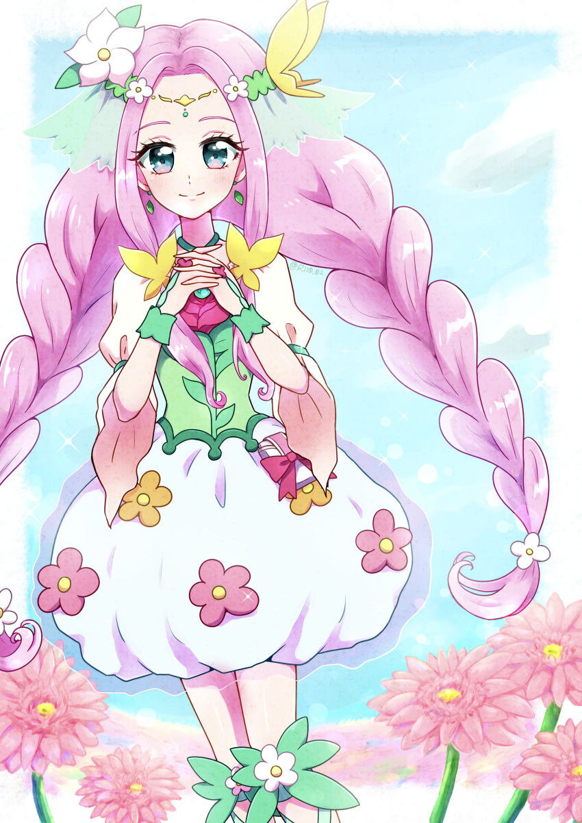 1girl absurdres braid bubble_skirt circlet closed_mouth cloud cowboy_shot cure_felice dress_flower earrings flower flower_in_eye green_eyes green_ribbon hair_flower hair_ornament hanami_kotoha highres jewelry leg_ribbon long_hair looking_at_viewer magical_girl mahou_girls_precure! multicolored_eyes pink_hair precure ribbon rii_(rii0_02) skirt sky smile solo standing symbol_in_eye twin_braids white_skirt