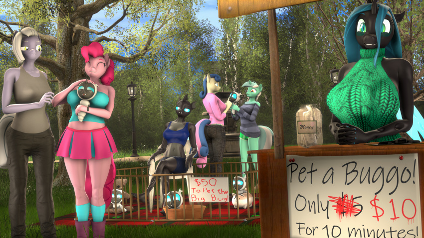 3d_(artwork) 4k absurd_res anthro anthrofied arthropod big_breasts bonbon_(mlp) breasts changeling clothing digital_media_(artwork) dongly12 equid equine female friendship_is_magic group hasbro hi_res horn limestone_pie_(mlp) lyra_heartstrings_(mlp) mammal meme meme_clothing my_little_pony petting pinkie_pie_(mlp) queen_chrysalis_(mlp) sign slightly_chubby source_filmmaker sweater tongue tongue_out topwear unicorn virgin_killer_sweater