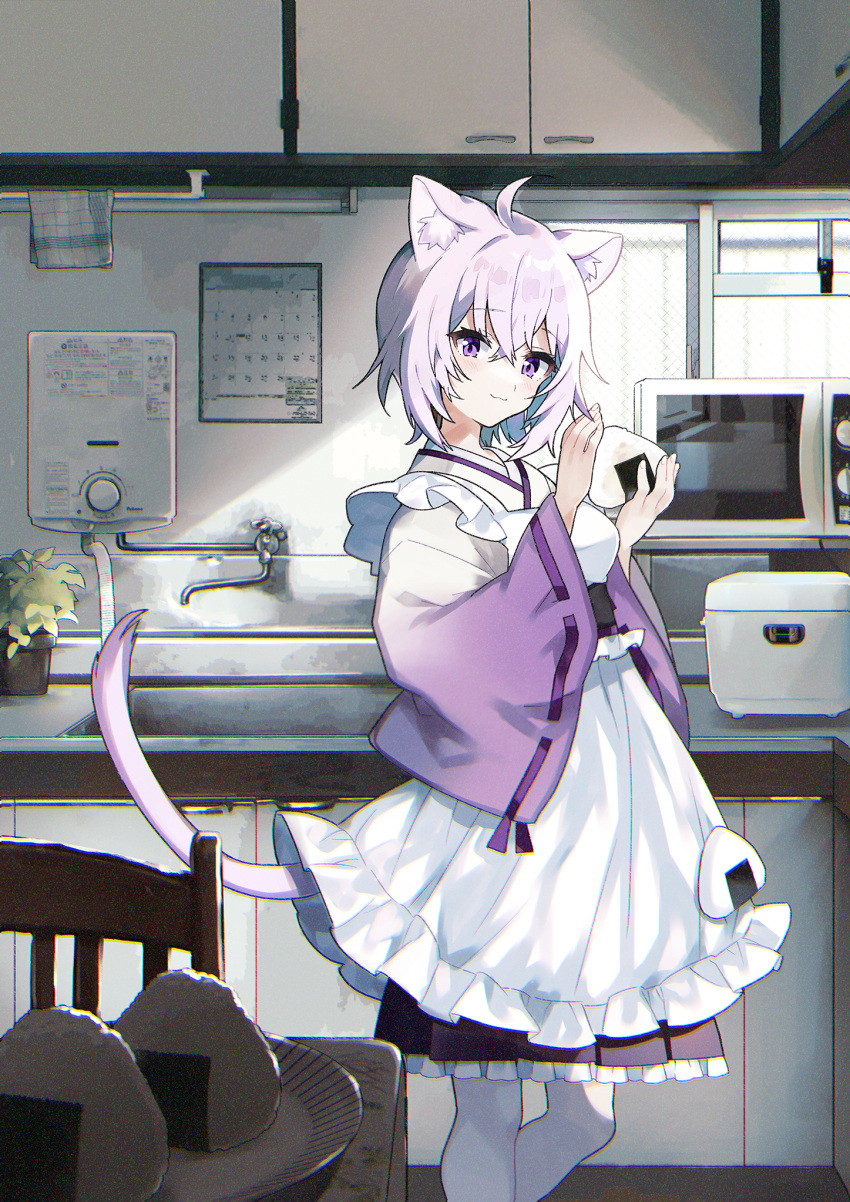1girl ahoge animal_ear_fluff animal_ears apron bangs blush cat_ears cat_girl cat_tail closed_mouth commentary_request eyebrows_visible_through_hair food frilled_skirt frills hair_between_eyes highres holding holding_food hololive indoors japanese_clothes kimono kitchen long_sleeves looking_at_viewer microwave negiyan nekomata_okayu official_alternate_costume onigiri pantyhose plate purple_eyes purple_hair ribbon-trimmed_sleeves ribbon_trim rice_cooker sink skirt solo tail virtual_youtuber white_apron white_legwear wide_sleeves
