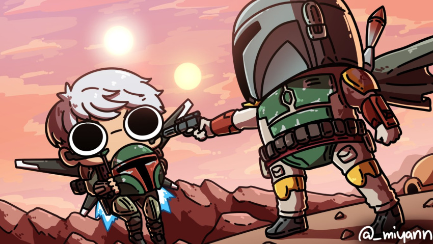 1boy 1girl apex_legends black_eyes boba_fett cape chibi clenched_hand commission crossover english_commentary floating green_cape grey_hair gun helmet holding holding_gun holding_helmet holding_weapon jetpack looking_to_the_side miyan_(oceanmaiden) mountain star_wars tatooine v-shaped_eyebrows valkyrie_(apex_legends) weapon