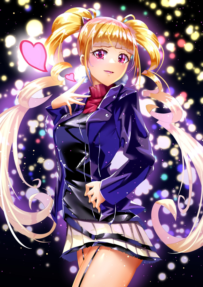 1girl absurdres bangs blonde_hair blue_jacket blunt_bangs cowboy_shot cure_macherie curecycadura eyebrows_visible_through_hair eyelashes floating_hair garter_straps gradient_hair heart highres hugtto!_precure jacket long_hair long_sleeves looking_at_viewer makeup mascara miniskirt multicolored_hair older open_clothes open_jacket open_mouth pleated_skirt precure red_eyes red_sweater silver_hair skirt solo standing sweater turtleneck turtleneck_sweater twintails very_long_hair white_skirt