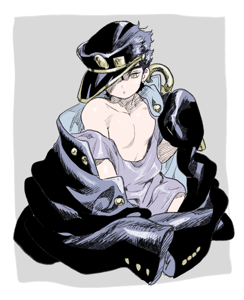1boy age_regression black_hair chain green_eyes hair_over_one_eye hat highres jacket jojo_no_kimyou_na_bouken kujo_jotaro male_focus nitako oversized_clothes solo stardust_crusaders tank_top younger
