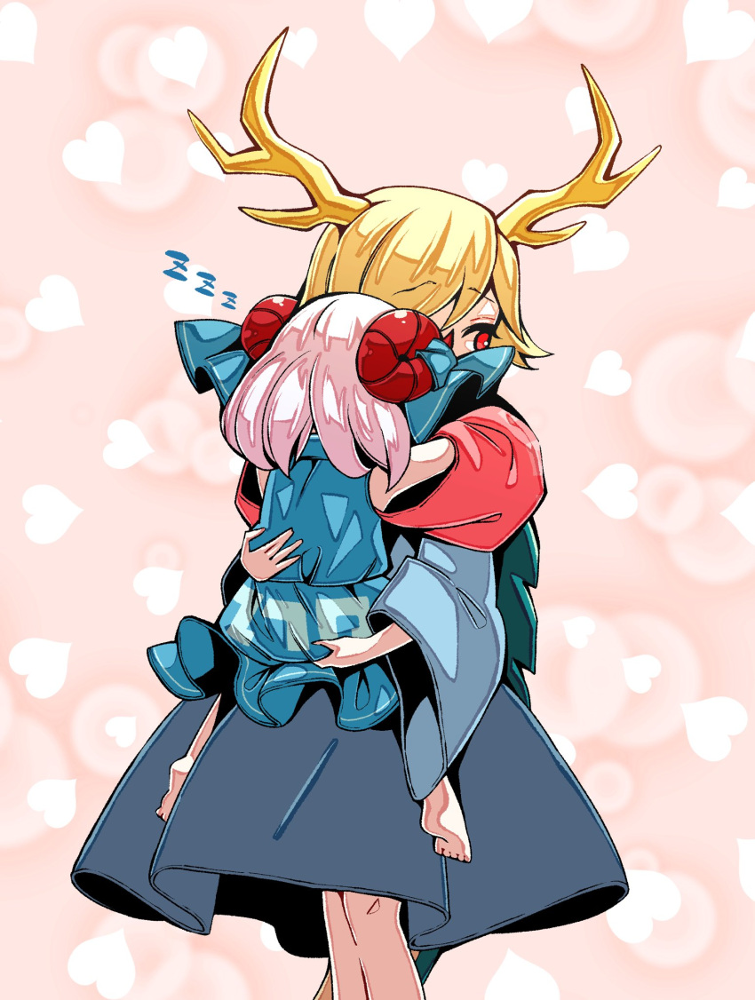 2girls antlers barefoot blonde_hair blue_dress blue_skirt carrying carrying_person curly_hair detached_sleeves dragon_girl dragon_horns dragon_tail dress highres horns kicchou_yachie multiple_girls patterned_clothing red_eyes red_sleeves sheep_horns short_hair skirt sleeping tail touhou toutetsu_yuuma turtle_shell white_hair yuka_yukiusa