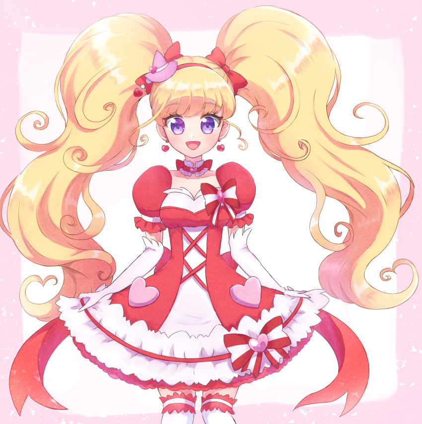 1girl :d absurdres asahina_mirai blonde_hair bow cure_miracle cure_miracle_(ruby_style) dress dress_bow earrings elbow_gloves gloves hair_bow hat hat_ornament heart heart_earrings heart_hat_ornament highres jewelry long_hair looking_at_viewer magical_girl mahou_girls_precure! mini_hat mini_witch_hat open_mouth pink_background pink_headwear precure puffy_sleeves purple_eyes red_bow red_dress rii_(rii0_02) skirt_hold smile solo thighhighs twintails white_gloves white_legwear witch_hat