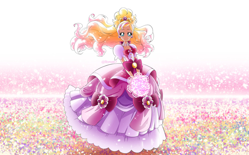 1girl absurdres blonde_hair blue_eyes bouquet bow brooch closed_mouth cure_flora cure_flora_(mode_elegant) dress dress_bow earrings floating_hair flower flower_earrings flower_necklace full_body go!_princess_precure gradient_hair hair_ornament haruno_haruka highres holding holding_bouquet jewelry layered_dress long_hair looking_at_viewer magical_girl multicolored_background multicolored_hair necklace pink_bow pink_dress pink_hair precure puffy_sleeves rona67 smile solo split_mouth standing streaked_hair twitter_username two-tone_hair waist_bow waist_brooch