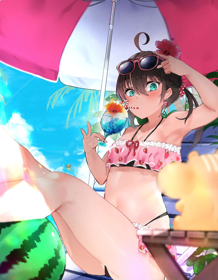 1girl absurdres ahoge aqua_eyes armpits bangs bare_arms bare_legs beach beach_umbrella bikini blue_sky blush breasts brown_hair cleavage cloud commentary_request crazy_straw day drinking drinking_straw drinking_straw_in_mouth earrings ebi_frion_(natsuiro_matsuri) eyewear_on_head flower food food-themed_earrings food_print frilled_bikini frills fruit hair_between_eyes hair_flower hair_ornament heart_straw highres hololive jewelry low_twintails medium_hair natsuiro_matsuri navel orchid outdoors palm_tree r10c shadow sitting sky small_breasts solo stomach strawberry_earrings strawberry_print sunlight swimsuit tree tropical_drink twintails umbrella virtual_youtuber watermelon