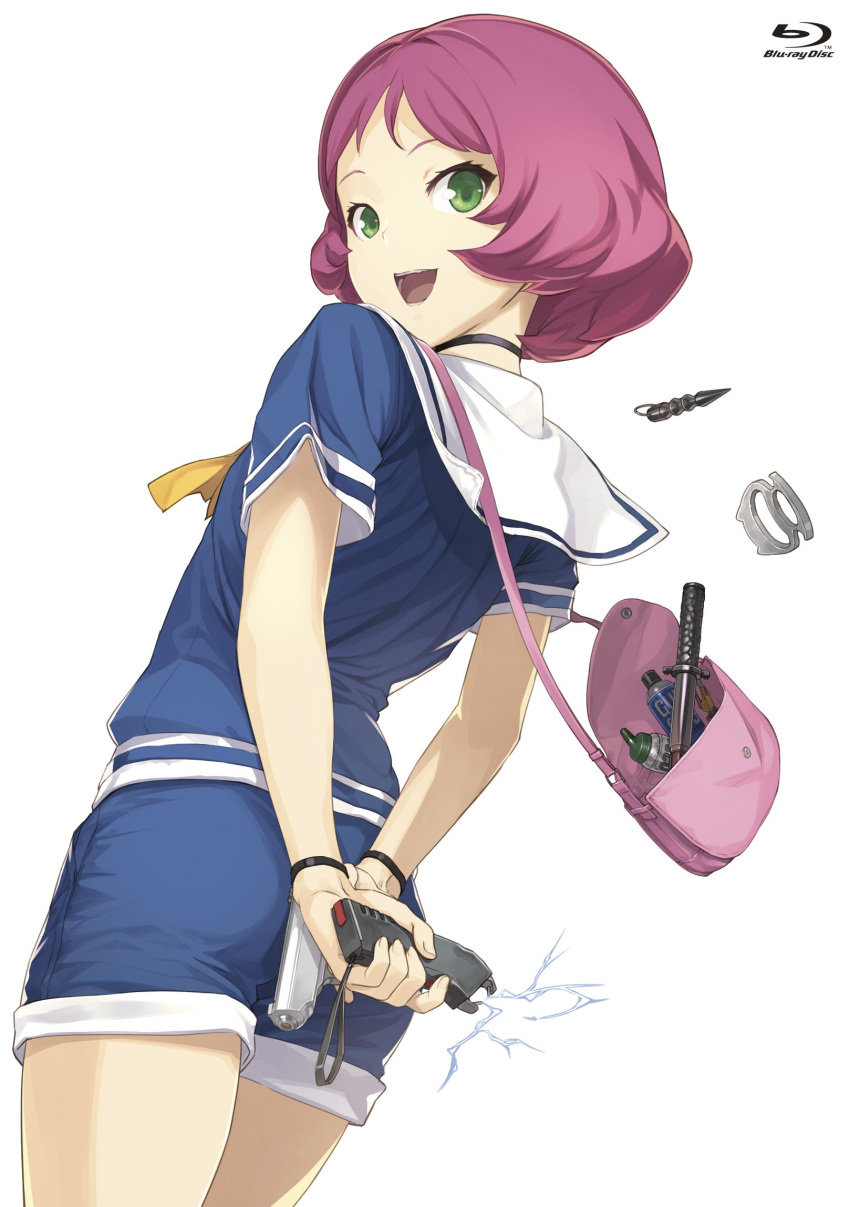 1girl :d artist_request bag black_choker blu-ray_cover blu-ray_logo blue_shorts brass_knuckles choker cover cowboy_shot facing_away from_behind green_eyes gun handbag highres holding holding_gun holding_weapon looking_at_viewer looking_back official_art onigashira_kosuri open_mouth pink_bag pink_hair school_uniform serafuku shimoneta_to_iu_gainen_ga_sonzai_shinai_taikutsu_na_sekai short_hair short_shorts short_sleeves shorts simple_background smile solo standing taser weapon white_background wristband