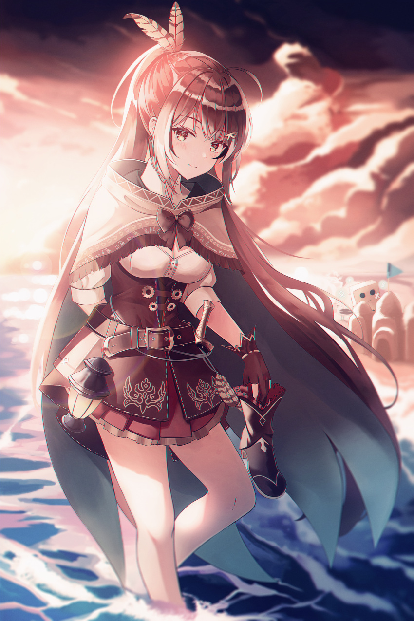 1girl absurdres ahoge arm_behind_back bare_legs beach belt blush boots boots_removed brown_eyes brown_hair cape capelet cloak cloud cloudy_sky corset dagger feathers fingerless_gloves flag friend_(nanashi_mumei) gloves hair_ornament hieroglyphics highres hololive hololive_english knife lantern long_hair looking_at_viewer nanashi_mumei ocean ponytail pouch red_sky ribbon sand_castle sand_sculpture shirt sion_(im10042m) skirt sky smile sunlight sunset weapon white_shirt