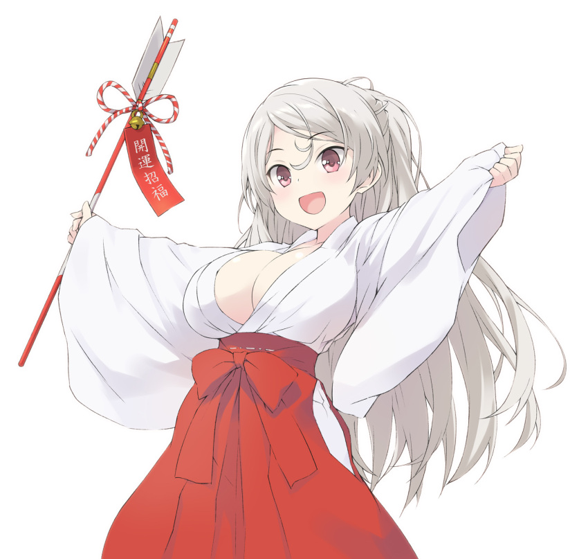 1girl arrow_(projectile) breasts brown_eyes cleavage conte_di_cavour_(kancolle) cowboy_shot hakama hamaya highres japanese_clothes kantai_collection large_breasts long_hair miko official_alternate_costume oppai_loli outstretched_arms red_hakama sakana_(flame_sakana) silver_hair simple_background sleeves_past_wrists solo two_side_up white_background