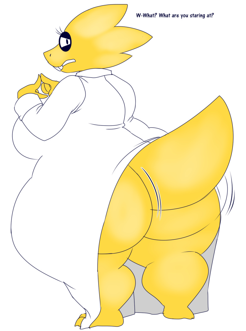 alpha_channel alphys anthro barefoot big_breasts big_butt breasts buckteeth butt claws clothing coat curvy_figure denizen1414 dialogue english_text feet female hi_res huge_butt huge_hips huge_thighs lab_coat lizard looking_at_viewer looking_back looking_back_at_viewer nervous non-mammal_breasts open_mouth overweight overweight_anthro overweight_female rear_view reptile scales scalie simple_background solo speech_bubble standing tail_upskirt teeth text thick_tail thick_thighs three-quarter_view topwear transparent_background undertale undertale_(series) upskirt video_games voluptuous wide_hips yellow_body yellow_scales