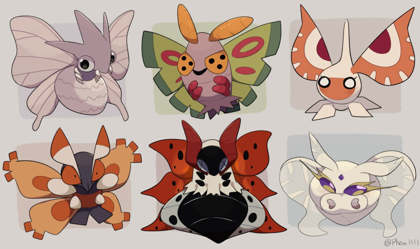 a-nya bug dustox english_commentary frosmoth grey_background highres masquerain moth mothim no_humans pokemon pokemon_(creature) venomoth volcarona