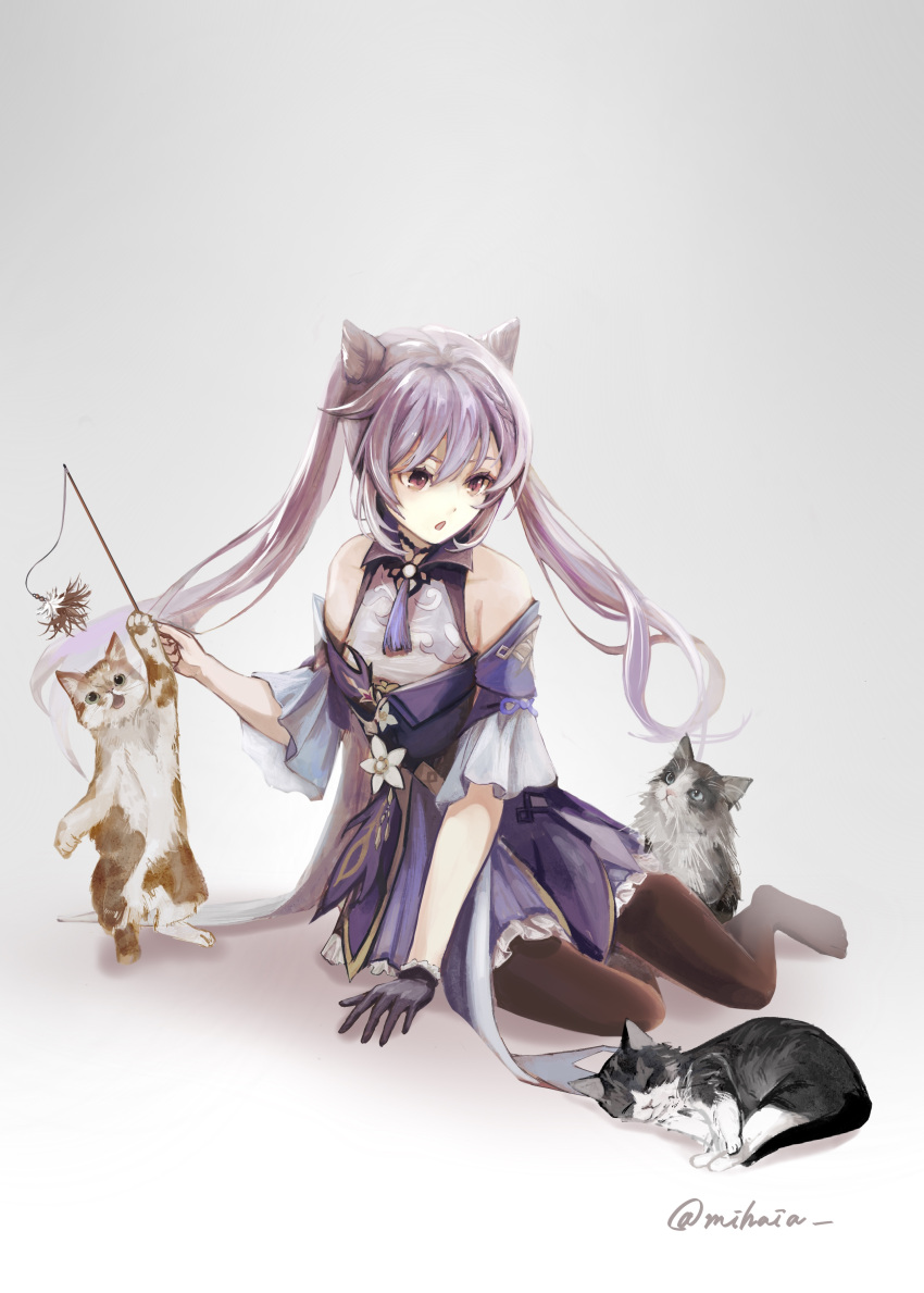 1girl :o absurdres black_gloves breasts brown_legwear cat cat_teaser commentary detached_sleeves dress flower full_body genshin_impact gloves grey_background hair_between_eyes hair_cones highres holding keqing_(genshin_impact) long_hair looking_down mihaia no_shoes open_mouth pantyhose purple_dress purple_eyes purple_hair simple_background single_glove sitting small_breasts solo tassel twintails twitter_username white_flower