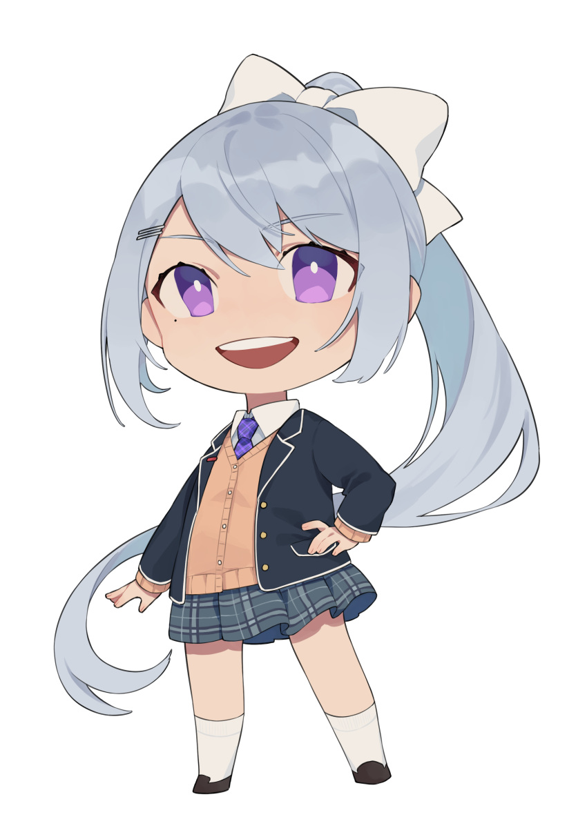 1girl absurdres arata_(user_jjxc7843) beige_vest black_jacket blazer blue_necktie bright_pupils chibi collared_shirt eyebrows_visible_through_hair grey_skirt hand_on_hip highres higuchi_kaede jacket long_hair looking_at_viewer mole mole_under_eye necktie nijisanji plaid plaid_skirt ponytail purple_eyes school_uniform shirt silver_hair skirt solo virtual_youtuber white_background white_pupils