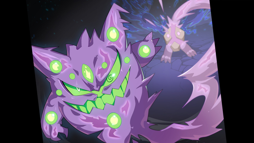 2022 3_fingers ambiguous_gender drunk_oak fingers gengar green_eyes green_teeth hi_res hybrid looking_at_viewer nintendo pok&eacute;mon pok&eacute;mon_(species) purple_body solo spiral_eyes spiritomb video_games