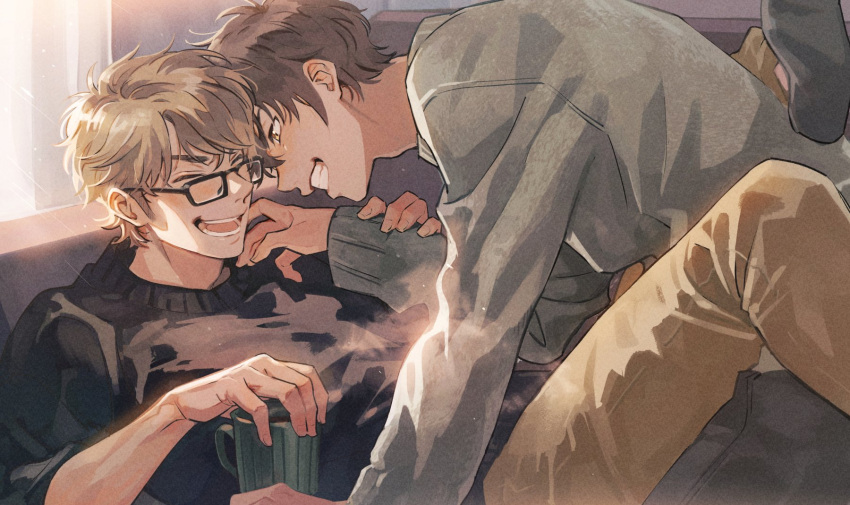2boys ace_of_diamond bangs black_pants black_sweater brown_eyes brown_hair brown_pants closed_eyes couple cup glasses grey_sweater highres holding holding_cup looking_at_another lying male_focus miyuki_kazuya multiple_boys on_back open_mouth pants sato_(sato_1_11) sawamura_eijun short_hair smile sweater teeth yaoi