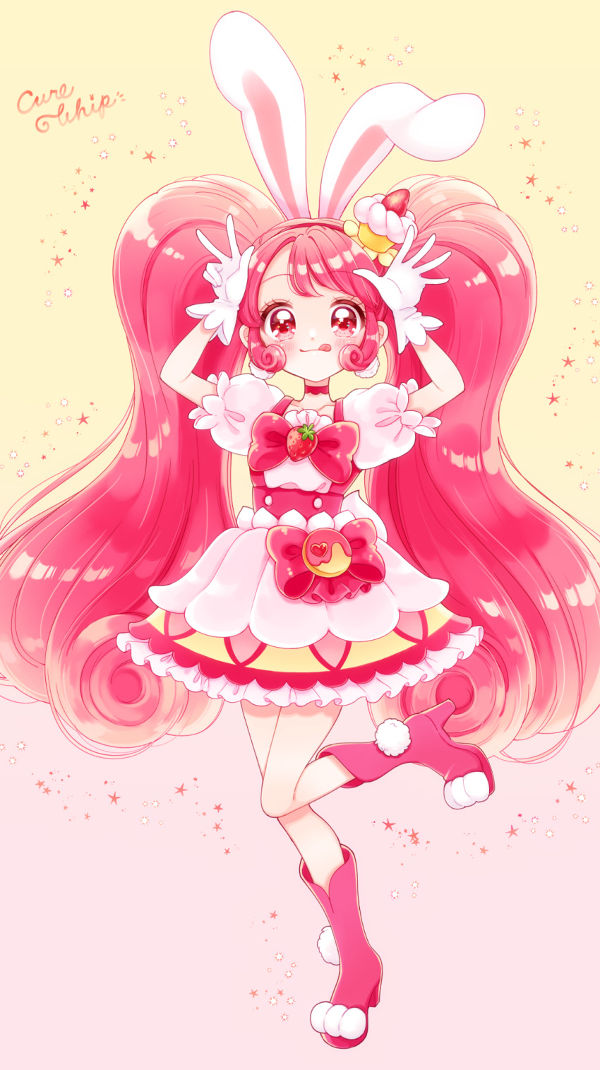 1girl :q animal_ears bow brooch cake_hair_ornament character_name choker cure_whip dress food-themed_brooch food-themed_hair_ornament food-themed_ornament full_body gloves gradient gradient_background hair_ornament hairband highres jewelry kirakira_precure_a_la_mode kuzumochi long_hair magical_girl pink_background pink_bow pink_choker pink_eyes pink_footwear pink_hair pouch precure puffy_sleeves rabbit_ears red_hairband shoes short_dress solo standing standing_on_one_leg star_(symbol) star_in_eye symbol_in_eye tongue tongue_out twintails usami_ichika waist_bow white_dress white_gloves yellow_background