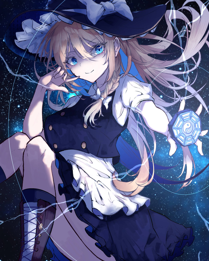 1girl alternate_eye_color apron black_dress blonde_hair blue_eyes boots bow braid buttons cross-laced_footwear dress floating frilled_dress frills hair_bow hat hat_bow highres kirisame_marisa long_hair mini-hakkero muraryo puffy_sleeves short_sleeves side_braid single_braid solo touhou waist_apron white_bow witch_hat