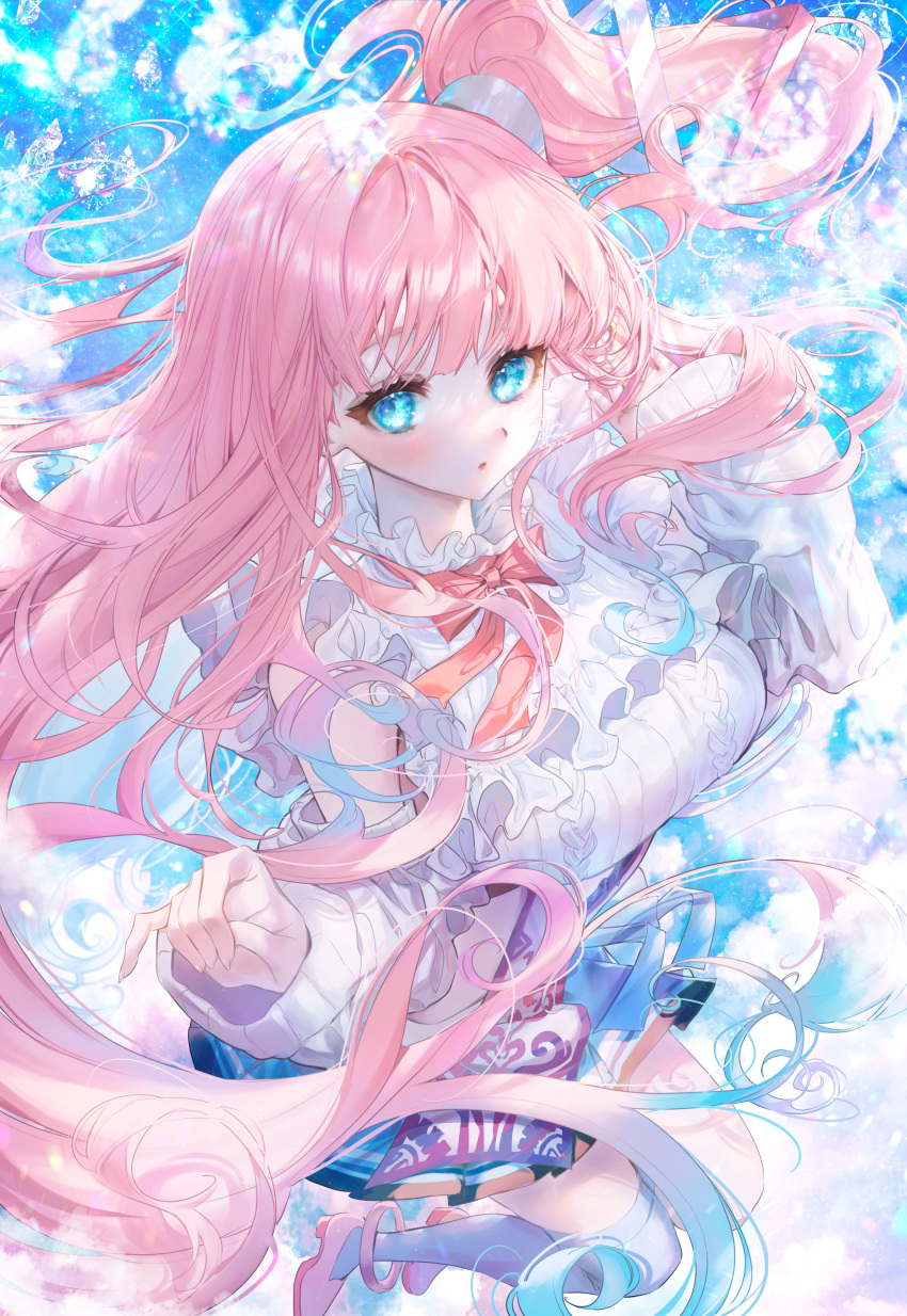 1girl absurdres blue_background blue_eyes blue_hair blue_skirt blush bow bowtie commission detached_sleeves diamond_(gemstone) eyelashes frills full_body gem gradient_hair highres long_hair looking_at_viewer multicolored_hair onenechan open_mouth parted_lips pink_footwear pink_hair propro_production red_bow red_bowtie shoes side_ponytail skeb_commission skirt solo thighhighs two-tone_hair virtual_youtuber white_legwear white_sleeves yumesaki_mia