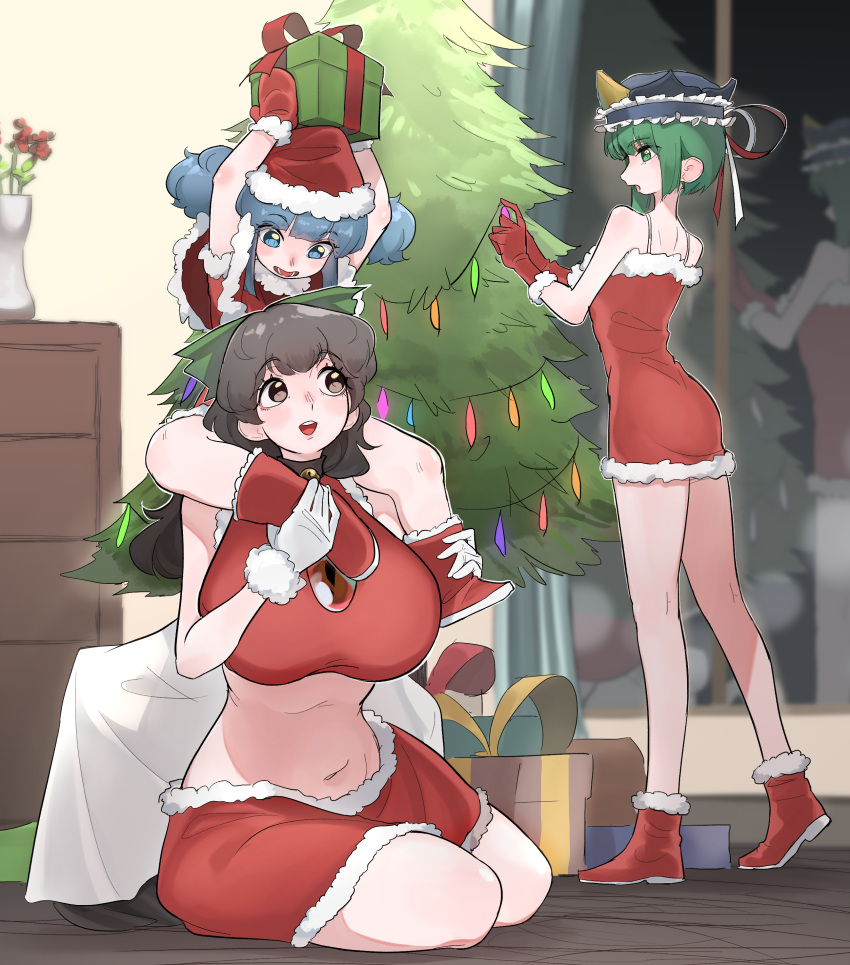 3girls absurdres alternate_costume arms_up bangs blue_eyes blue_hair blue_headwear blush bow breasts brown_eyes brown_hair christmas christmas_lights christmas_tree commentary_request dress eyebrows_visible_through_hair flower frilled_hat frills frogsnake full_body fur-trimmed_dress fur-trimmed_footwear fur-trimmed_gloves fur_trim gift gloves green_bow green_eyes green_hair hair_bow hat highres huge_breasts indoors kawashiro_nitori long_hair looking_at_another multiple_girls navel no_wings on_shoulder open_mouth red_dress red_flower red_footwear red_gloves red_mittens red_skirt reflection reiuji_utsuho santa_costume santa_hat shiki_eiki short_dress short_hair sidelocks sitting skirt sleeveless sleeveless_dress small_breasts standing third_eye touhou two_side_up vase white_gloves window