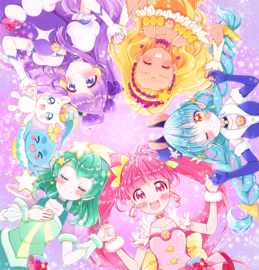 5girls :d amamiya_erena animal_ears back_bow blonde_hair blue_choker blue_gloves blue_hair blue_nails blush bow braid brooch cat_ears choker circle_formation closed_eyes collarbone copyright_name creature crescent crescent_earrings cure_cosmo cure_milky cure_selene cure_soleil cure_star earrings elbow_gloves extra_ears facing_viewer fingernails fuwa_(precure) gloves grin hagoromo_lala hair_ornament hair_tubes hat hat_ornament highres holding_hands hoshina_hikaru jewelry kaguya_madoka kuzumochi long_hair looking_at_viewer magical_girl medium_hair mini_hat mini_top_hat multicolored_hair multiple_girls one_eye_closed open_mouth orange_nails pink_choker pink_eyes pink_hair pouch precure prunce_(precure) puffy_sleeves purple_background purple_eyes purple_hair purple_nails see-through_sleeves shiny shiny_hair sidelocks smile star_(symbol) star_choker star_hair_ornament star_hat_ornament star_twinkle_precure tan top_hat twin_braids twintails two-tone_hair yellow_bow yellow_eyes yuni_(precure)